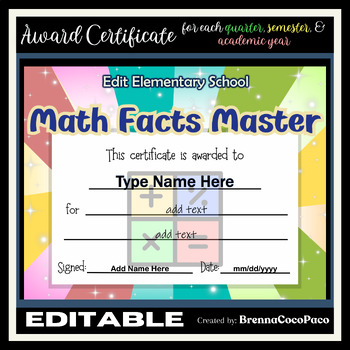 Preview of New Editable Math Facts Master Award Certificate  | Quarter, Semester, EOSY #2