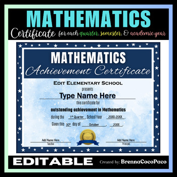 Preview of New Editable Mathematics Achievement Certificate | Quarter, Semester, & EOSY