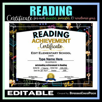 Preview of New Editable Reading Achievement Certificate | Quarter, Semester, & EOSY #2