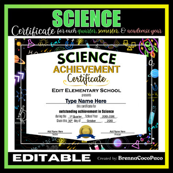 Preview of New Editable Science Achievement Certificate | Quarter, Semester, & EOSY #2