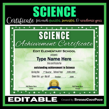 Preview of New Editable Science Achievement Certificate | each Quarter, Semester, & EOSY