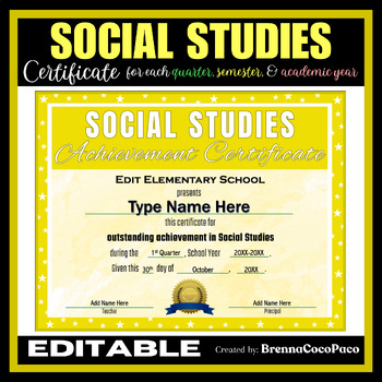 Preview of New Editable Social Studies Achievement Certificate | Quarter, Semester, & EOSY