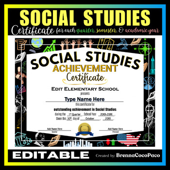 Preview of New Editable Social Studies Achievement Certificate | Quarter, Semester, EOSY #2