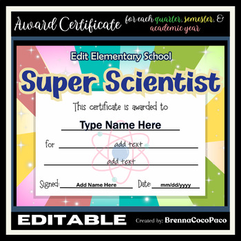 Preview of New Editable Super Scientist Award Certificate  | Quarter, Semester, EOSY #2