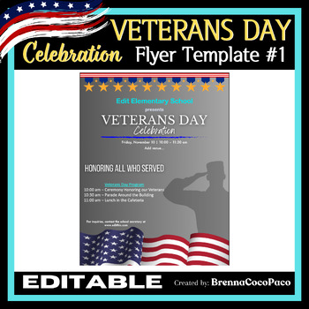 Preview of New Editable Veterans Day Celebration Flyer Template #1| Unique School Flyers