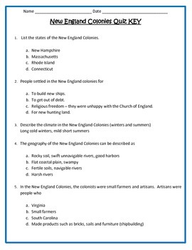 new england colonies quiz 4th grade social studies by