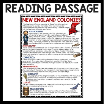 New England Colonies Reading Comprehension Worksheet by Teaching to the