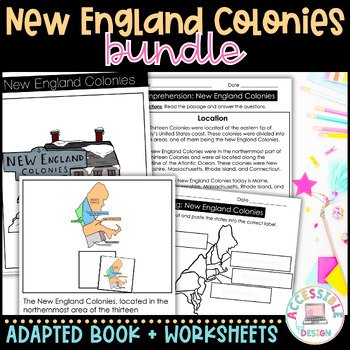 Preview of New England Colonies Reading and Worksheets Bundle | 13 Colonies for Special Ed