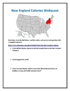 Preview of New England Colonies Webquest With Answer Key!