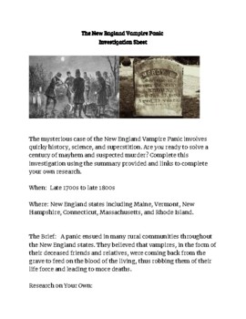 Preview of New England Vampire Panic Investigation Activity and Summary Sheet