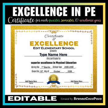 Preview of New! Excellence in Physical Education PE Certificate | Quarter, Semester, & EOSY
