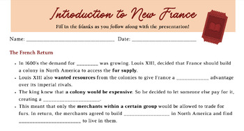 Preview of New France Presentation, Scaffolded Notes - Alberta 7 Social