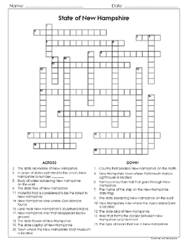 New Hampshire Research Skills Crossword Puzzle US States Geography