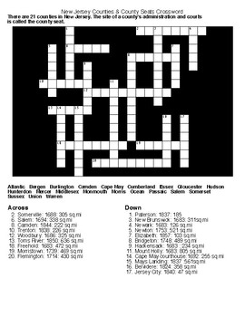 New Jersey Counties County Seats Crossword and Word Search w/KEYS