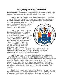 Preview of New Jersey State Profile & History Reading Worksheet w/Answer Key **Editable**