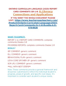 Preview of New Language 2023 Ontario Curriculum Report Card Comments Gr. 1-8 A-D Example
