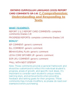 Preview of New Language (2023) Report Card Comments: C. Comprehension: Understanding & R...