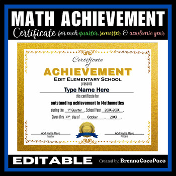 Preview of New! Mathematics Achievement Certificate | Quarter, Semester, & EOSY