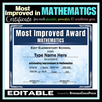 Preview of New! Most Improved in Mathematics Certificate | Quarter, Semester, & EOSY