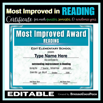 Preview of New! Most Improved in Reading Certificate | Quarter, Semester, & EOSY