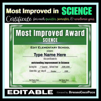 Preview of New! Most Improved in Science Certificate | Quarter, Semester, & EOSY