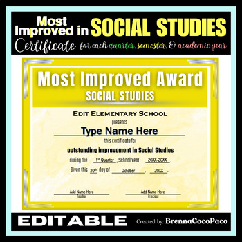Preview of New! Most Improved in Social Studies Certificate | Quarter, Semester, & EOSY