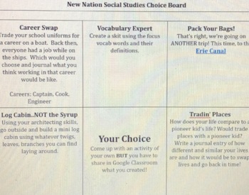 Preview of New Nation Social Studies Choice Board - 13