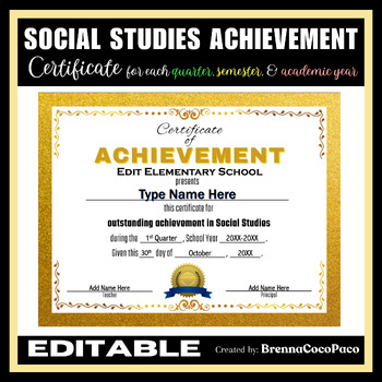 Preview of New! Social Studies Achievement Certificate | Quarter, Semester, & EOSY