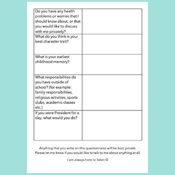 New Student Questionnaire: Grades 7-12 by Morchard Education | TpT
