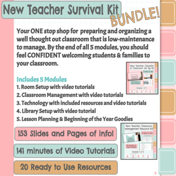 Preview of New Teacher Survival Kit with room setup, management, tech, library, & planning