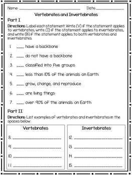 Vertebrates and Invertebrates Quiz/Assessment/Activity by Deanne May