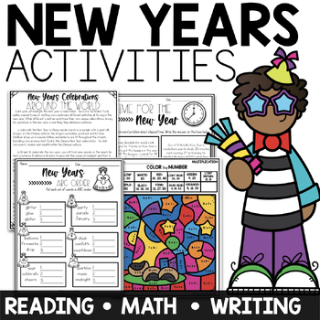 Preview of New Year 2024 Activities Reading Comprehension, Math and Writing