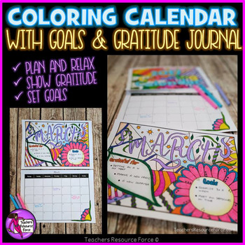 Preview of New Year 2024 Dateless Coloring Calendar with goals and gratitude journal