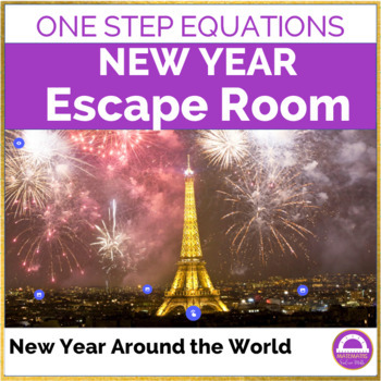 Preview of New Year 2024 Math Escape Room One Step Equations | Holidays Around the World