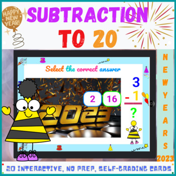 Preview of New Year 2023 Math Subtraction to 20 Puzzle Boom Cards Digital Math Centers