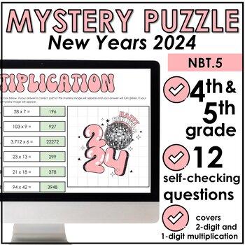 Preview of New Year 2024 Multiplication Digital Mystery Puzzle Pixel | NBT.5 | Groovy Disco
