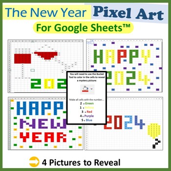 Preview of Happy New Year 2024 Pixel Art Fill Color Activities for Google Sheets ™