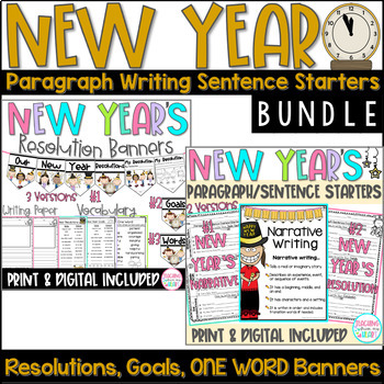 Preview of New Year 2024 Resolutions Goals One Word Activities & Banners, Narrative Writing