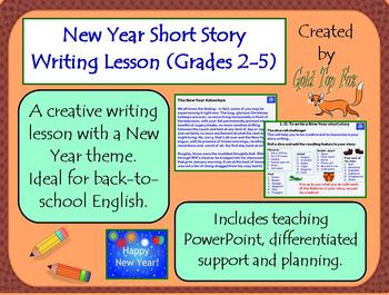 Preview of New Year 2024 Short Story Writing Lesson (Grades 2 - 5 English Creative Writing)
