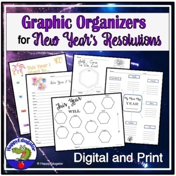 Preview of New Year 2024 or Any Year Resolution Writing Graphic Organizers with Easel