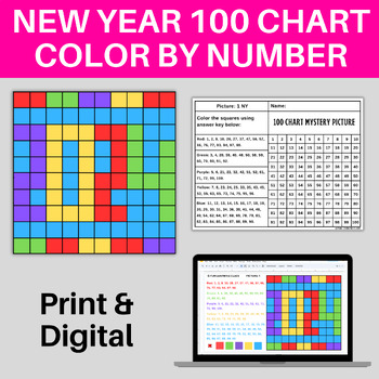 Preview of New Year 2024 100s Hundred Chart Mystery Pictures Coloring Pages Digital & Print