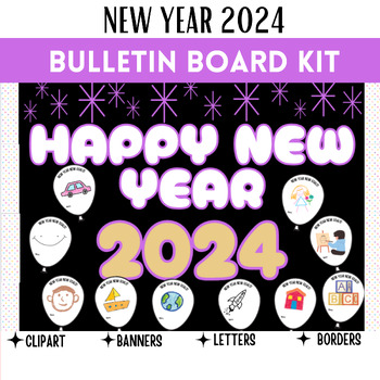 Preview of New Year 2024 Bulletin Board Kit, Easy Classroom Decor, Seasonal Bulletin Board