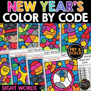 Preview of New Year 2025 Color by Code Sight Words Activity Coloring Pages for New Year's