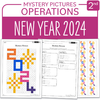 Preview of New Year 2024 Math Mystery Picture Grade 2 Additions Subtractions 1-100