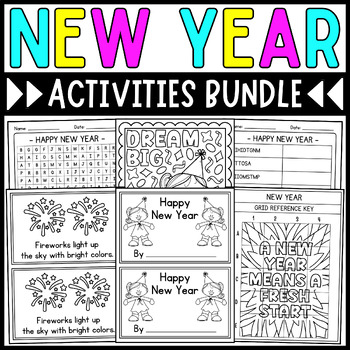 Preview of New Year Activities Bundle: Coloring Pages, Writing, Craft, Games & More