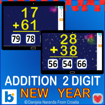 Preview of New Year Addition 2 Digit With and Without Regrouping Boom™ Cards
