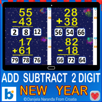 Preview of New Year Addition Subtraction 2 Digit With and Without Regrouping Boom™ Cards