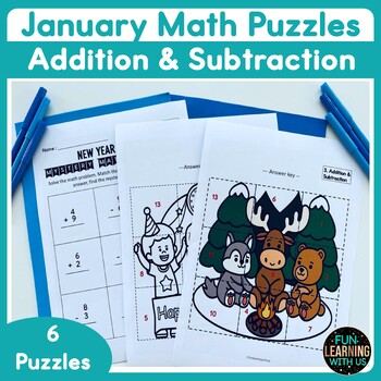 Preview of New Year & Arctic Animals Addition & Subtraction Without Regrouping Math Puzzles