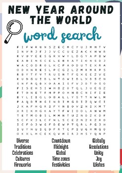 Preview of New Year Around The World No Prep Word search puzzle worksheet activity