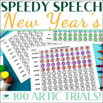 Preview of New Year Articulation Worksheets 100 Trials - Winter Speech Therapy Activity